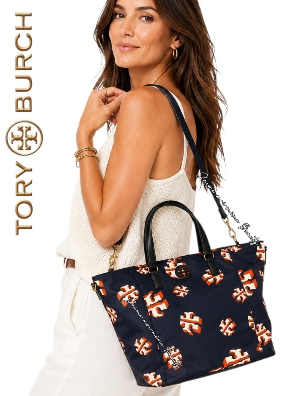 Tory Burch Navy Blue, White And Red Large Nylon Monogram Logo Tote